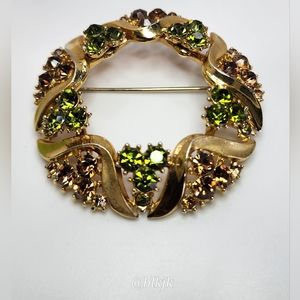 Vintage Crown Trifari Rhinestone Brooch *Gold/Green/Amber* EUC